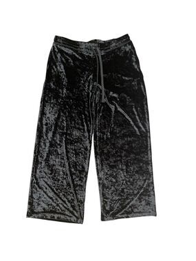 HUE L black crushed velvet pull on drawstring/elastic waist wide leg pants heavy